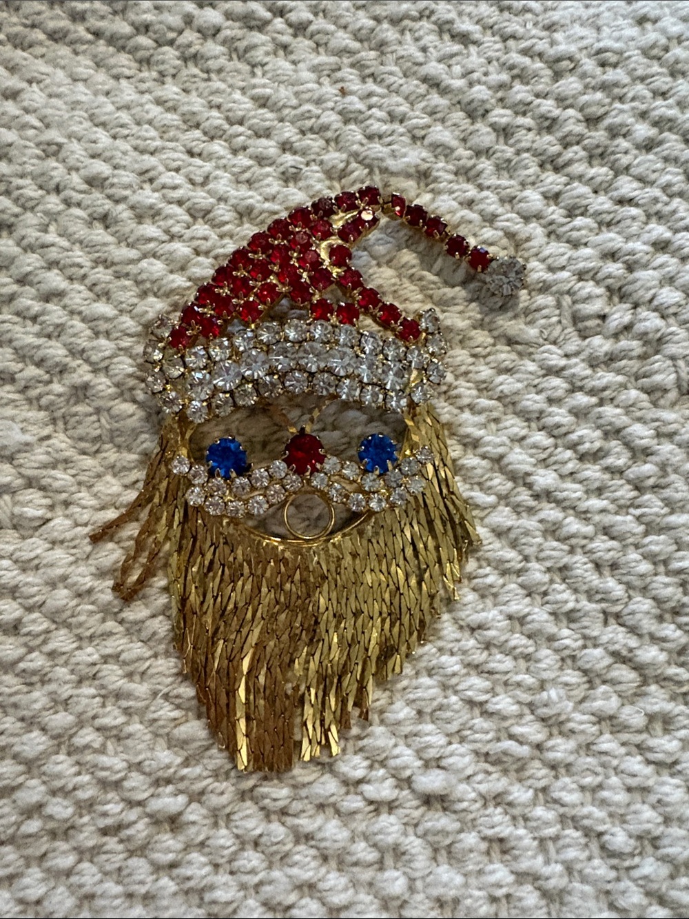 Vintage Gold Santa Brooch with Red, Blue and Clear Stones Fringe Beard
